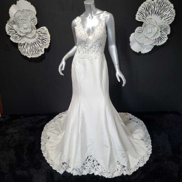 NWT~$2150~JUSTIN ALEXANDER~10/12~IVORY FIT & FLARE MERMAID LACE WEDDING DRESS - Picture 5 of 16